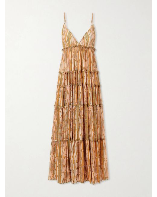 LaDoubleJ Natural Nymph Printed Ruffled Mesh Maxi Dress