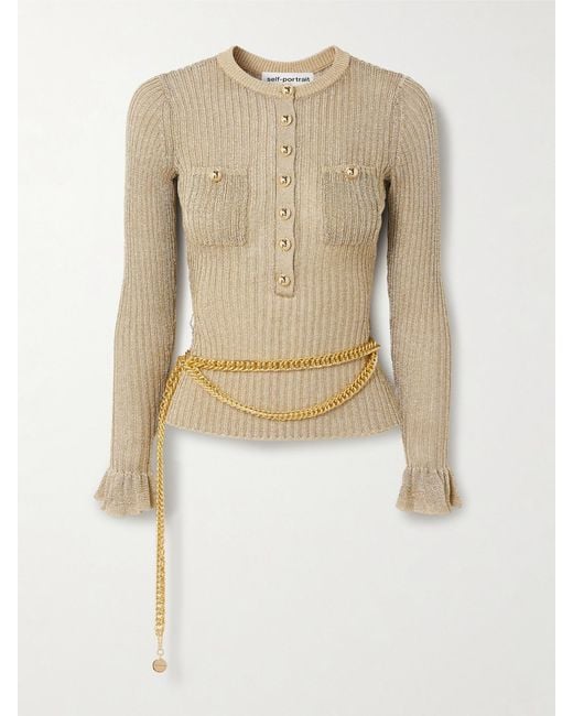 Self-Portrait Natural Belted Ruffled Metallic Ribbed-Knit Top