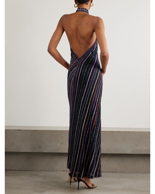 Missoni Blue Neckholder-Maxikleid Aus Gestreiftem Häkelstrick Mit Pailletten