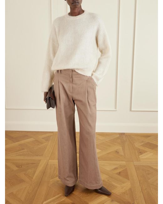 Brunello Cucinelli Natural Pleated Embellished High-Rise Wide-Leg Jeans