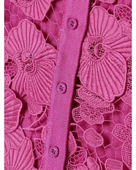 Oscar de la Renta Pink Guipure Lace-Paneled Silk-Blend Cardigan