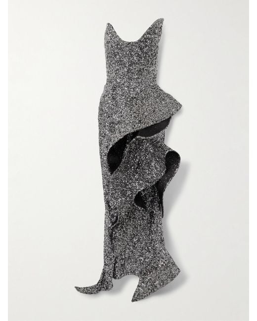 Maticevski Gray Thistle Wave Asymmetric Ruffled Sequined Crepe Gown