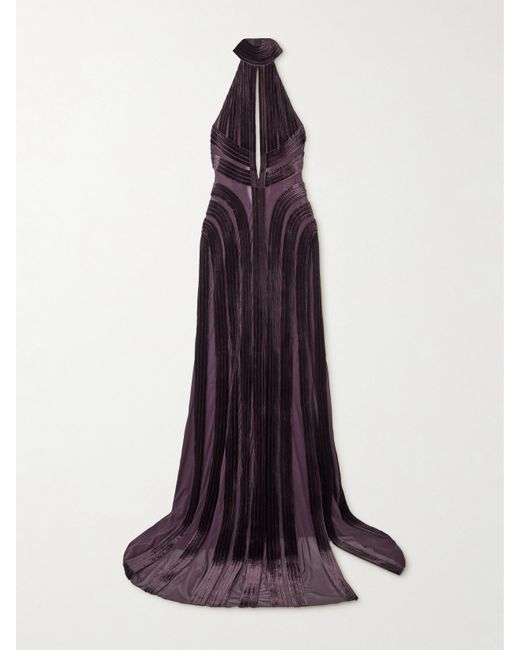 Tom Ford Purple Open-Back Cutout Paneled Tulle And Velvet Halterneck Gown