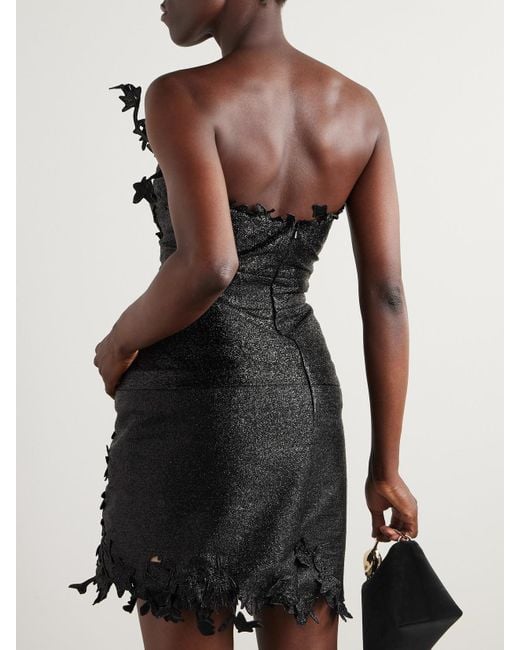 Oscar de la Renta Black Strapless Appliquéd Metallic Silk And Tulle Mini Dress