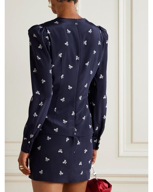 Alessandra Rich Blue Wrap-Effect Embellished Pleated Printed Silk Crepe De Chine Mini Dress