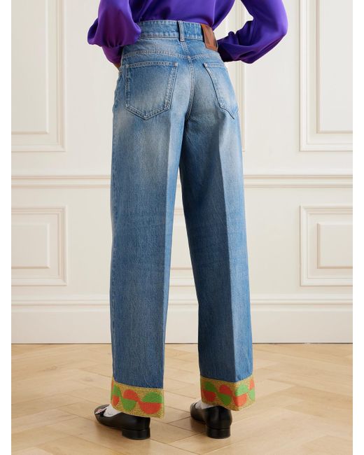 Valentino Garavani Blue Metallic Jacquard-Trimmed High-Rise Wide-Leg Jeans