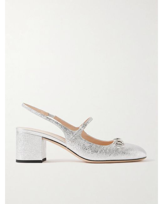 Gucci Natural Lady Horsebit-Detailed Metallic Crinkled-Leather Mary Jane Pumps