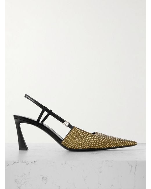 Saint Laurent Metallic Andree Crystal-Embellished Satin And Leather Slingback Pumps