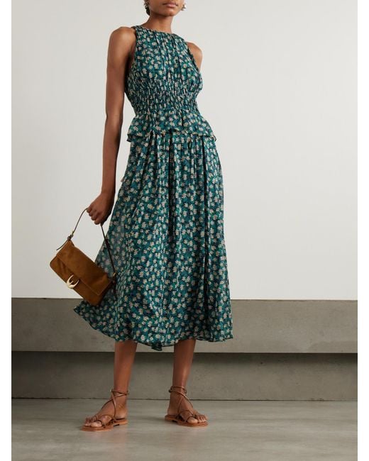 Robe Midi En Crêpe De Chine De Soie À Imprimé Fleuri Et À Smocks Adeline Ulla Johnson en coloris Green