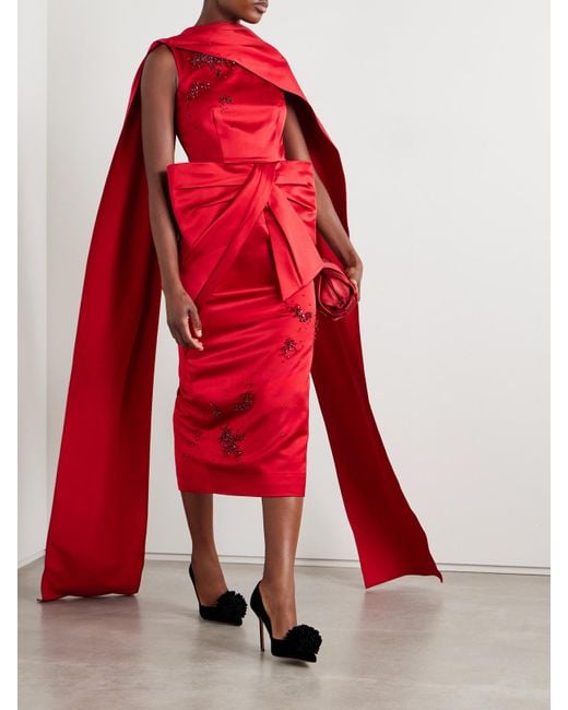 Erdem Red Draped Cape-Effect Embellished Satin Gown