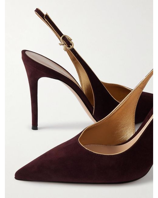 Gianvito Rossi Brown 95 Metallic Leather-Trimmed Suede Slingback Pumps