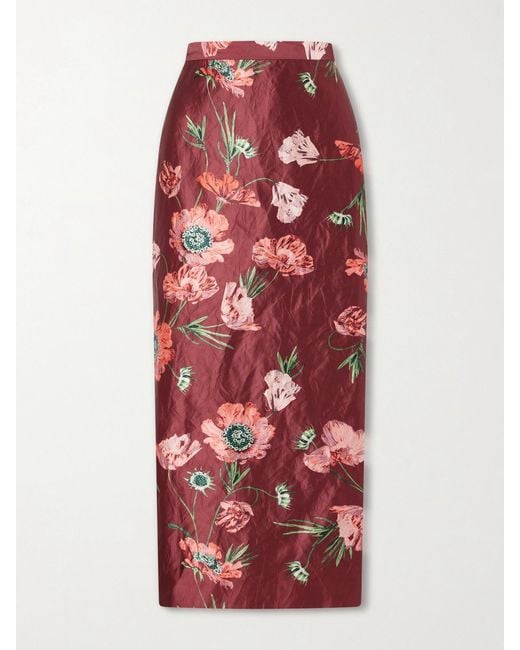 Erdem Red Floral-Printed Satin Midi Pencil Skirt