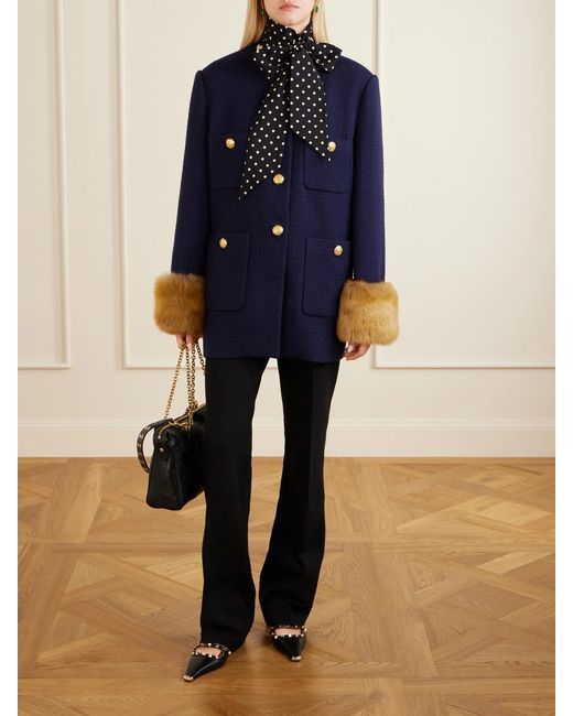 Valentino Garavani Blue Plush-Trimmed Wool Coat