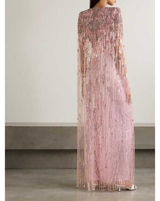 Jenny Packham Pink Rush Embellished Cape-Effect Tulle Gown