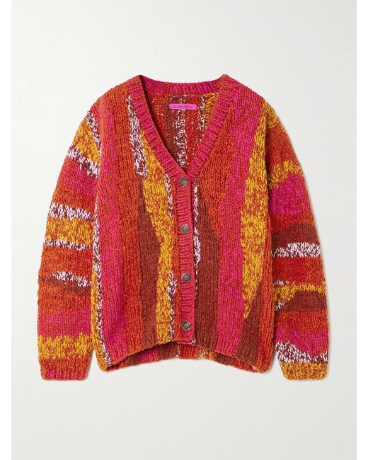 The Elder Statesman Red Striped Organic Cotton-Bouclé Cardigan