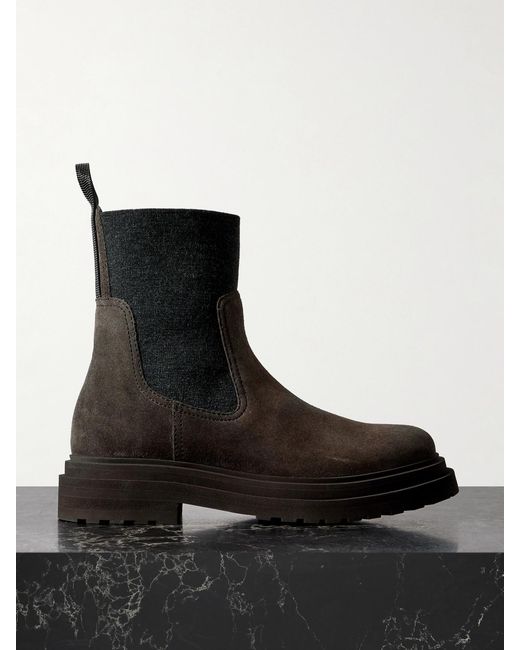 Brunello Cucinelli Black Bead-Embellished Knit-Trimmed Suede Chelsea Boots