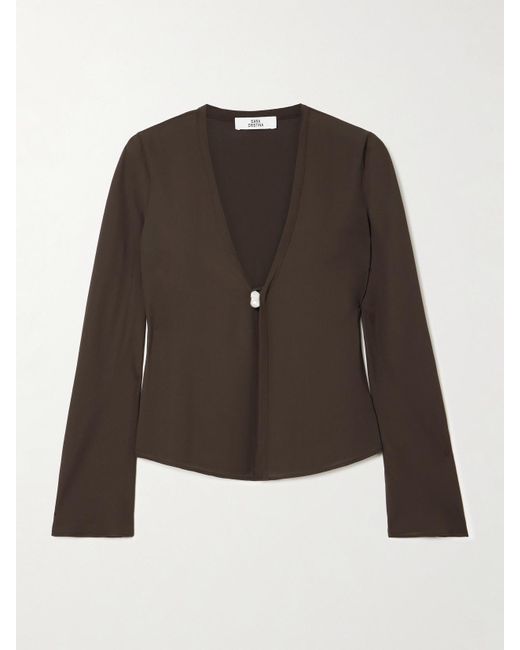 SARA CRISTINA Brown Nerea Pearl-Embellished Recycled Silk-Georgette Top