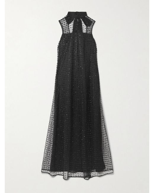 Staud Black Albee Embellished Tie-Detailed Faille-Trimmed Tulle Maxi Dress