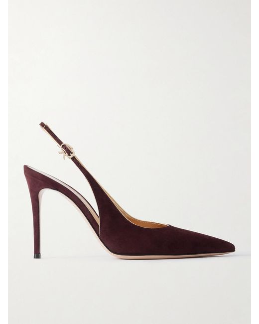 Gianvito Rossi Brown 95 Metallic Leather-Trimmed Suede Slingback Pumps