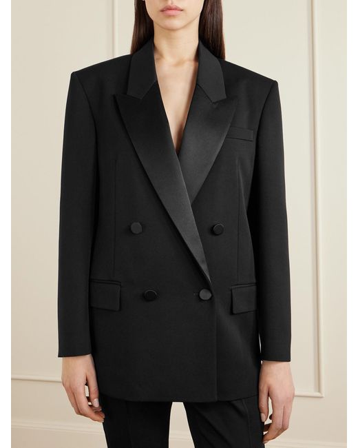 Saint Laurent Black Double-Breasted Satin-Trimmed Grain De Poudre Wool Blazer