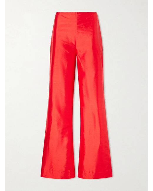 Staud Red Stroll Silk-Dupioni Wide-Leg Pants