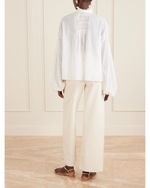 Thierry Colson White Slava Ruched Pleated Embroidered Cotton-Voile Shirt