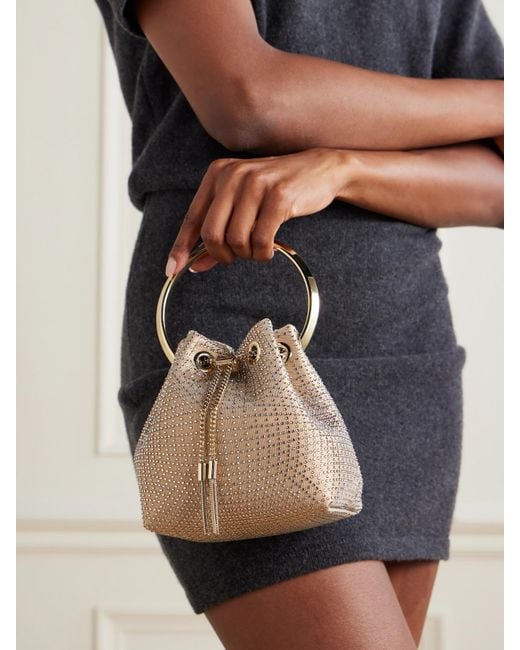 Jimmy Choo Natural Bon Bon Crystal-Embellished Mesh And Satin Bucket Bag