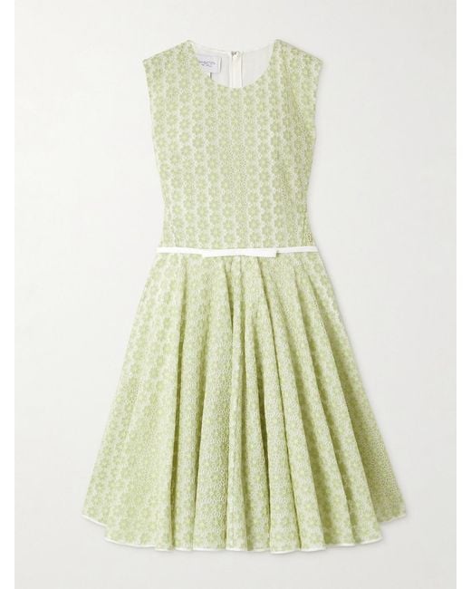 Giambattista Valli Green Belted Bow-Embellished Pleated Cotton Guipure Lace Mini Dress