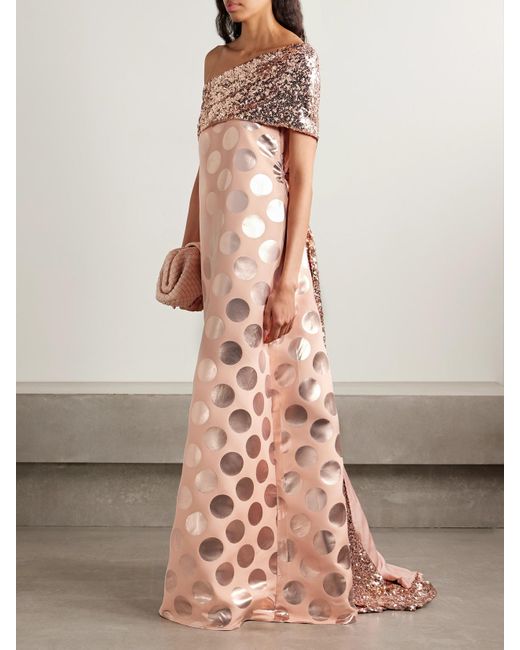 ‎Dima Ayad Pink Asymmetric Sequin-Embellished Draped Metallic Polka-Dot Brocade Gown
