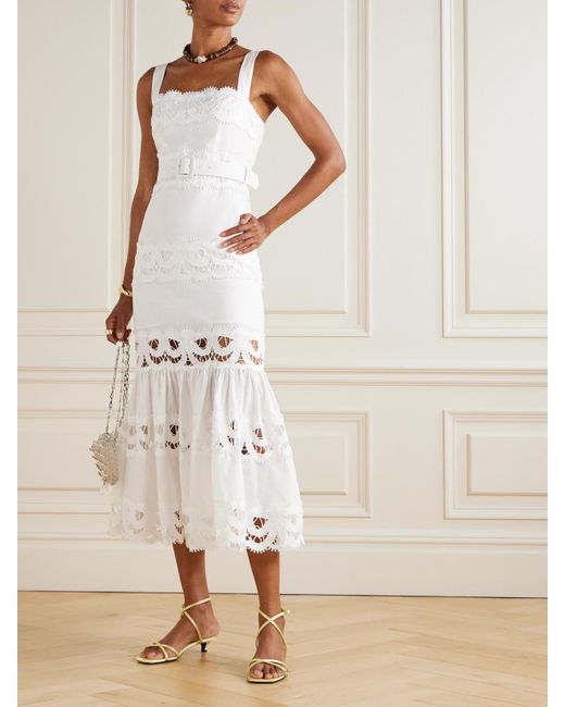 Robe Midi En Lin Et Coton Mélangés Et En Dentelle Guipure À Ceinture Self-Portrait en coloris White