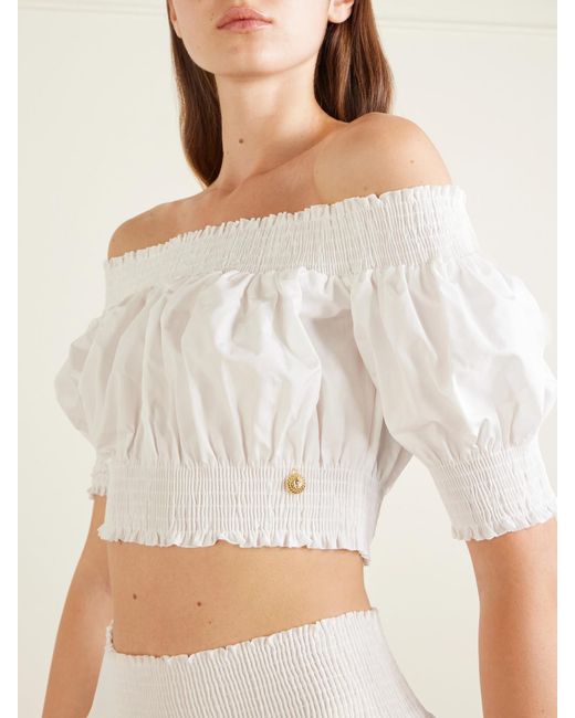 Balmain White Embellished Cropped Off-The-Shoulder Cotton-Poplin Top