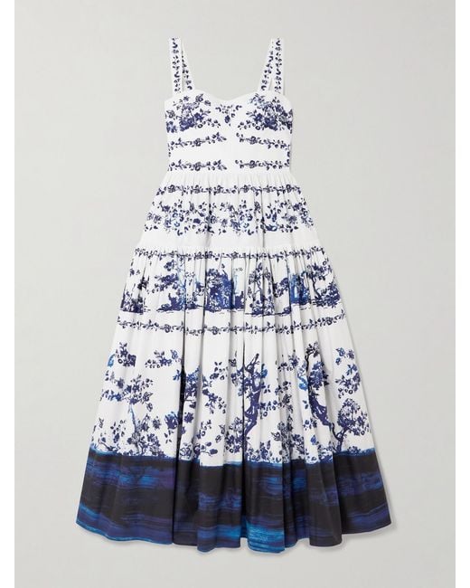 Erdem White Tiered Floral-Print Cotton-Poplin Midi Dress