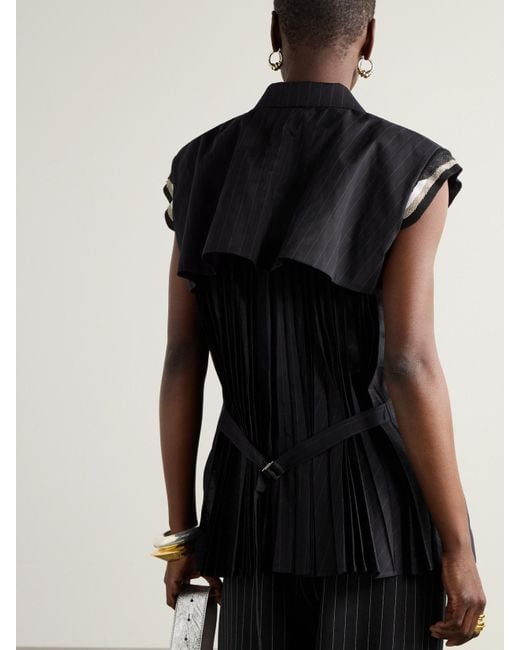 Sacai Double-Breasted Canvas-Trimmed Pinstriped Cotton-Voile