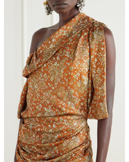 Dries Van Noten Natural One-Shoulder Gathered Floral-Print Crepe Midi Dress