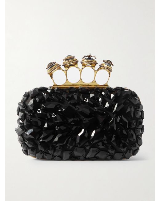 Alexander McQueen Black Skull Ring Knuckle Embellished Satin Clutch