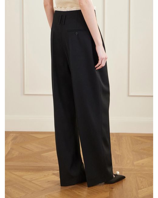 Magda Butrym Black Pleated Lace-Trimmed Wool Wide-Leg Pants