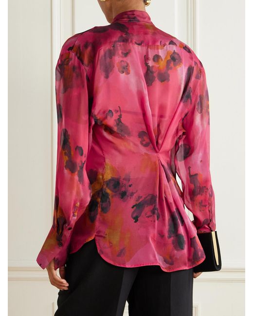 Victoria Beckham Red Draped Floral-Print Silk-Chiffon Wrap Blouse
