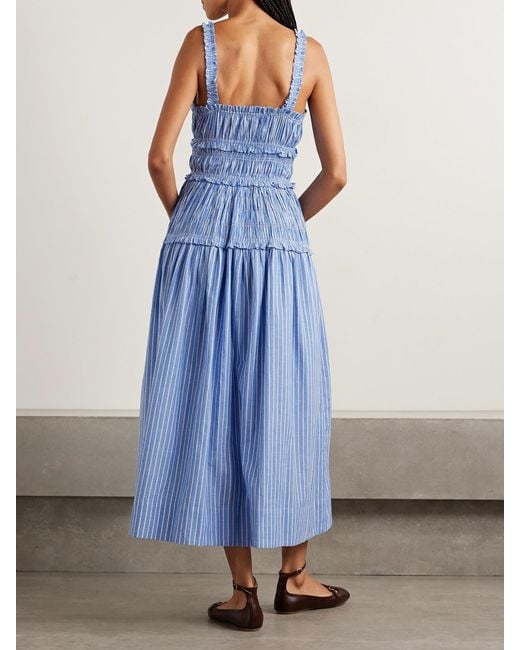Doen Blue Marianne Shirred Striped Cotton-Poplin Midi Dress