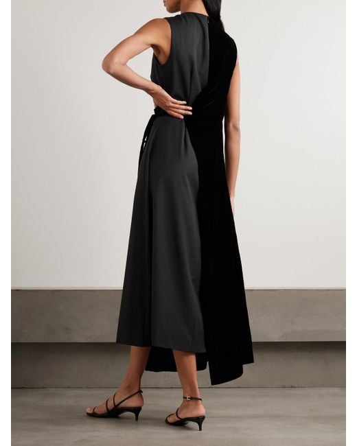 Abadia Black Asymmetric Velvet And Wool-Blend Twill Wrap Midi Dress