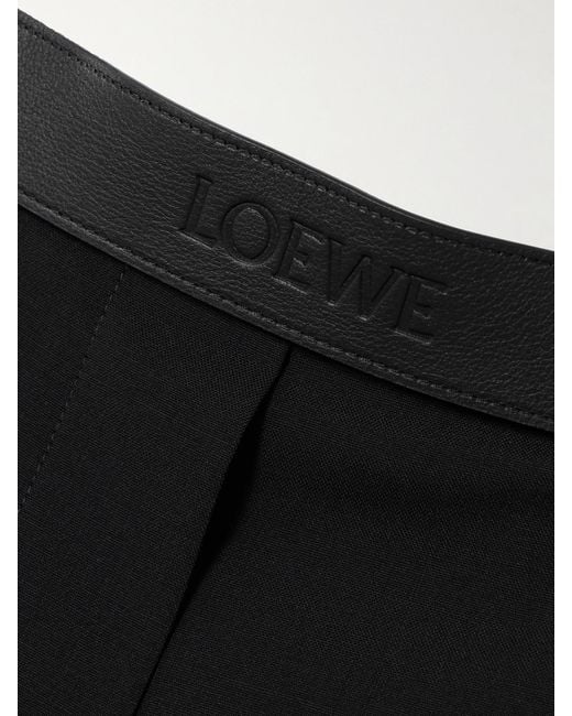 Loewe Black Leather-Trimmed Pleated Grain De Poudre Wool Straight-Leg Pants