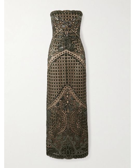Elie Saab Green Strapless Sequin-Embellished Embroidered Tulle Gown