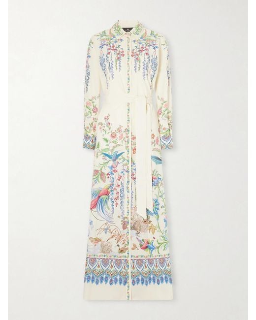 Etro White Belted Printed Cotton Maxi Shirt Dress