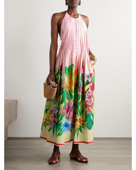 Loretta Caponi White Patmos Belted Floral-Print Cotton-Poplin Halterneck Maxi Dress