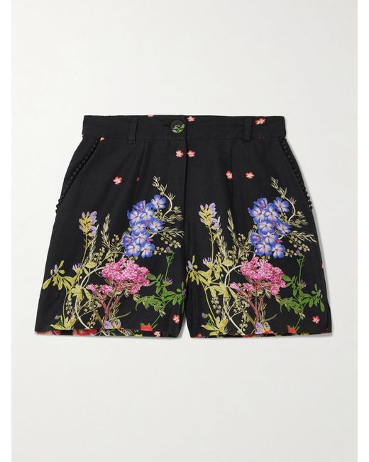 Charo Ruiz Black Pansy Shorts Aus Voile Aus Einer Baumwollmischung Mit Blumenprint Und Besätzen Aus Guipure-Spitze