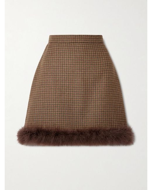Valentino Garavani Natural Feather-Trimmed Houndstooth Wool Mini Skirt