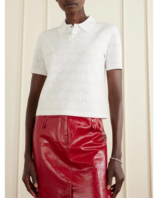 Tory Burch White Pointelle-Knit Polo Shirt