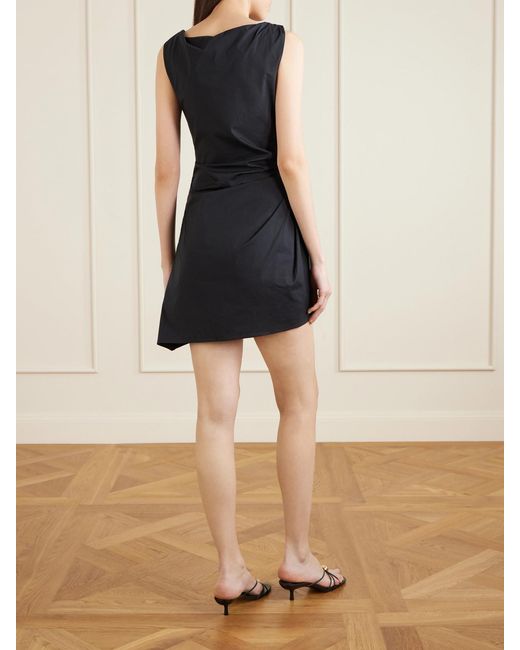 Staud Black Callie Gathered Cotton-Blend Poplin Mini Dress