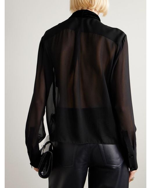FRAME Black Pussy-Bow Velvet-Trimmed Silk-Chiffon Blouse