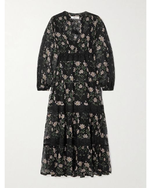 Sea Black Elizabeth Tiered Lace-Trimmed Floral-Print Crepon Midi Dress