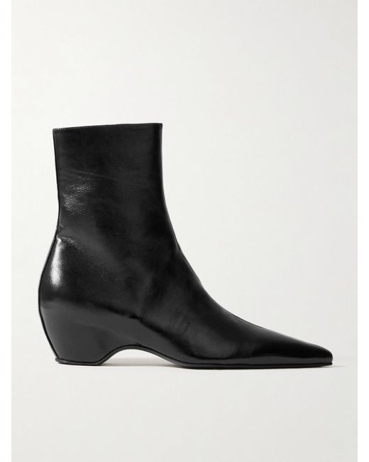 Khaite Black Sybil Glossed-Leather Ankle Boots